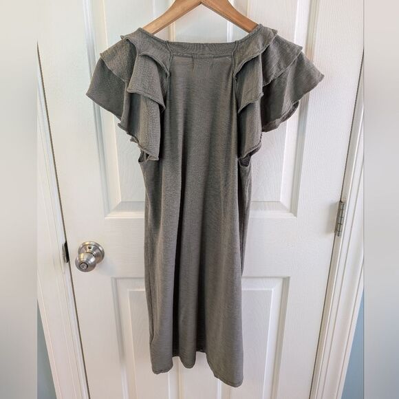 Nation LTD Freddie Dress Flutter Sleeves Pima Cotton Olive Small - Picture 2 of 8